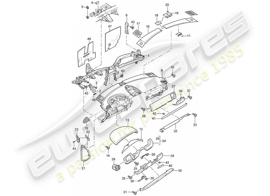 porsche 2008 (cayenne e1 9pa) moldura del panel de instrumentos diagrama de piezas