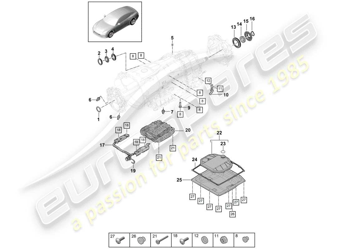porsche 2018 (panamera 971-1) 8-speed caja de cambios de doble embrague diagrama de piezas