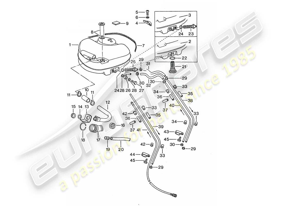 porsche 1977 (911) sistema de combustible - para vehiculos con - soporte auxiliar de acero esquema de piezas
