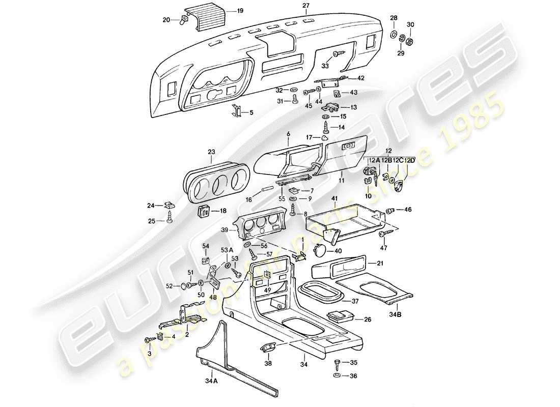 porsche 1982 (924) tablero - consola central diagrama de piezas