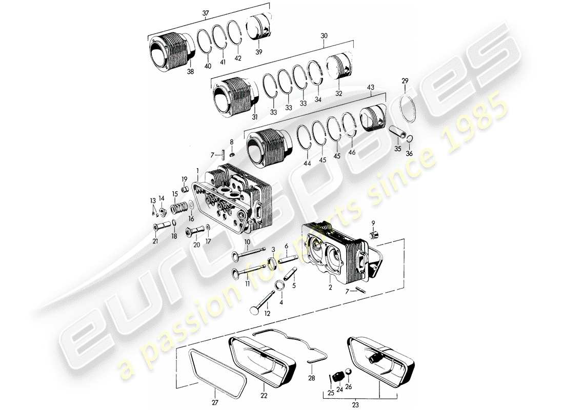 porsche 1961 (356b/356c) culata - cilindro con pistones diagrama de piezas