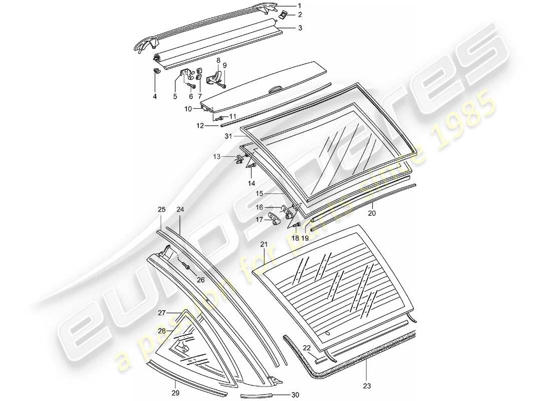 porsche 1995 (993) techo de cristal diagrama de piezas