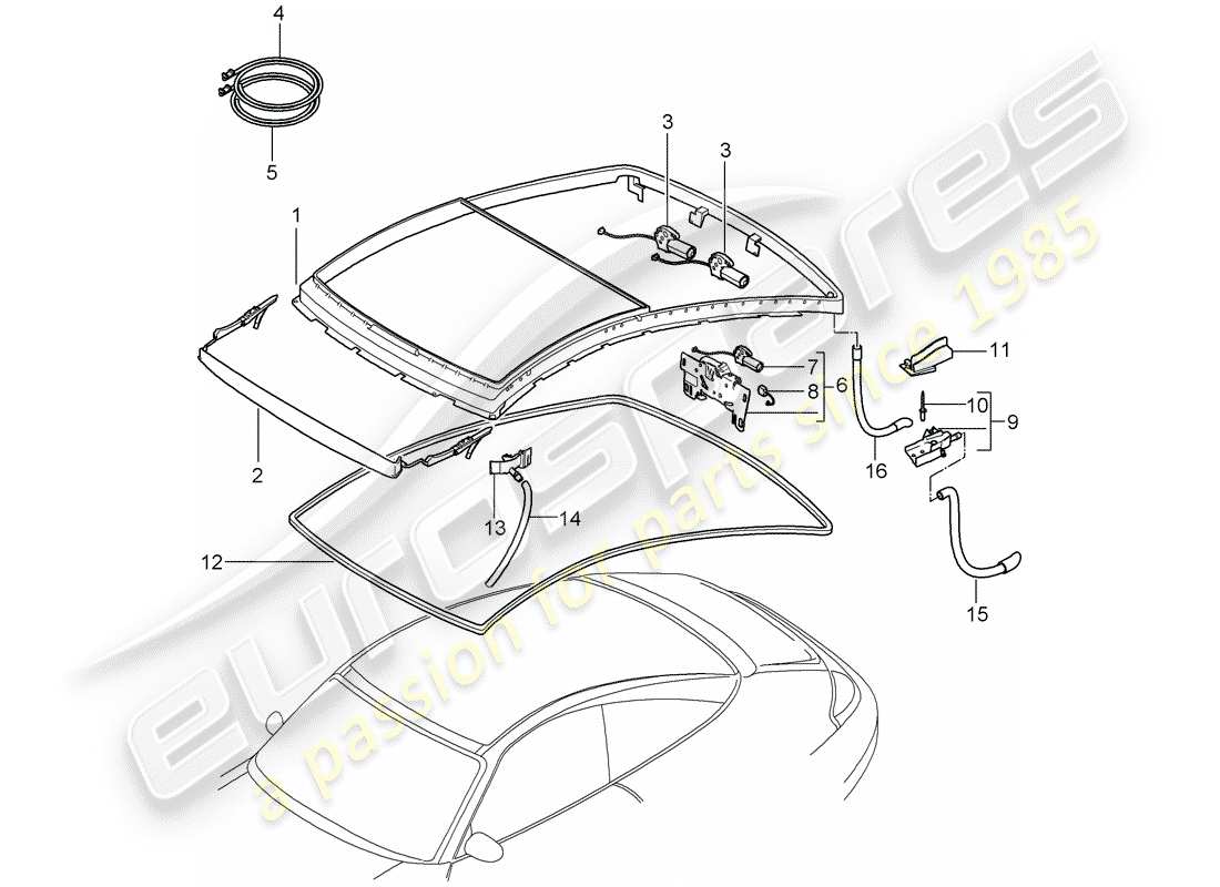 porsche 2001 (996) techo de cristal diagrama de piezas