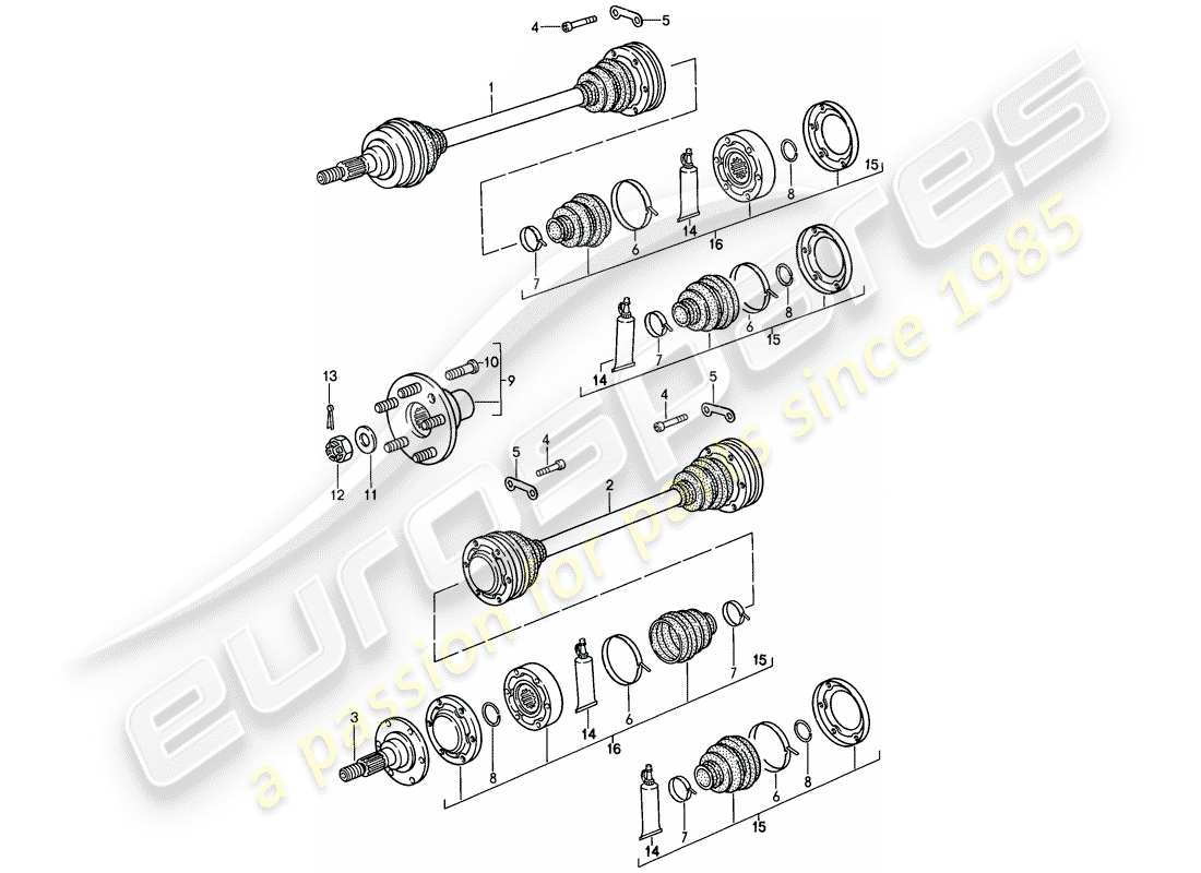 porsche 1987 (911) eje de transmisión - cubo de la rueda trasera diagrama de piezas