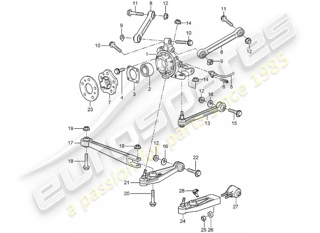 porsche 2001 (996 gt3) eje trasero - porta rueda - enlace superior - cubo de rueda diagrama de piezas