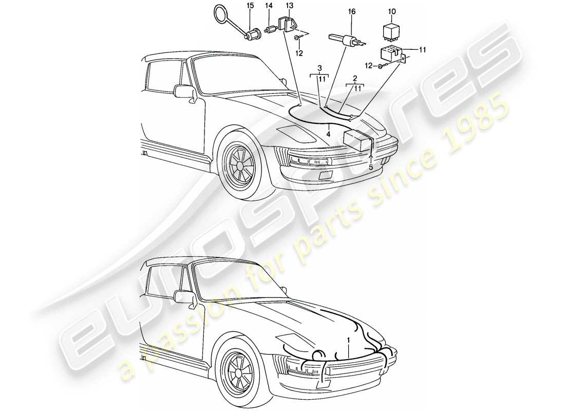porsche 1987 (911) modelo especial - diseño de punta plana - arneses de cableado - diagrama de piezas de relé