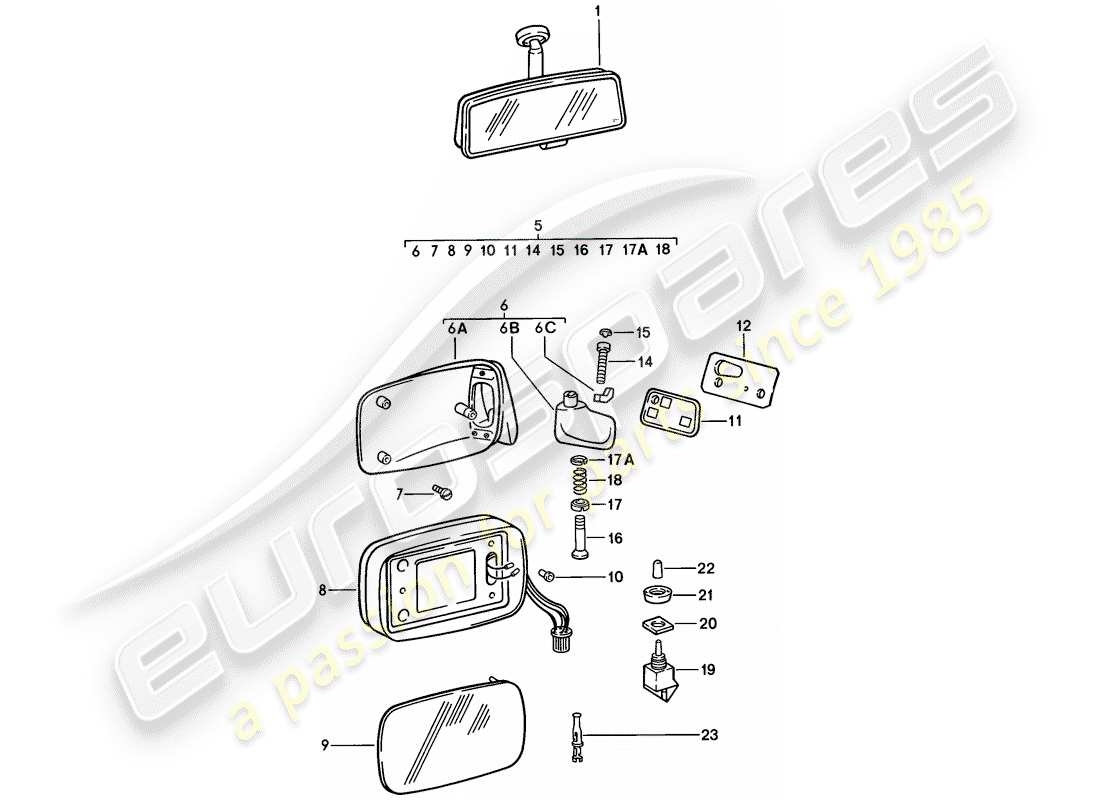 porsche 1986 (911) espejo retrovisor interior - espejo retrovisor diagrama de piezas