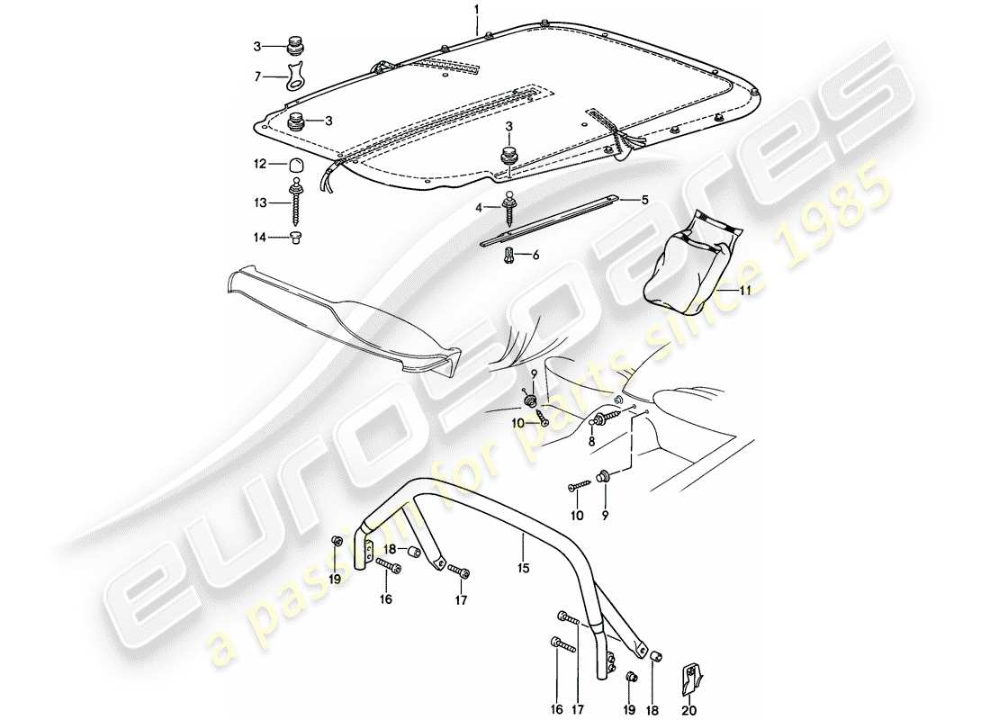porsche 1989 (911) cubierta tonneau - clip de cubierta diagrama de piezas