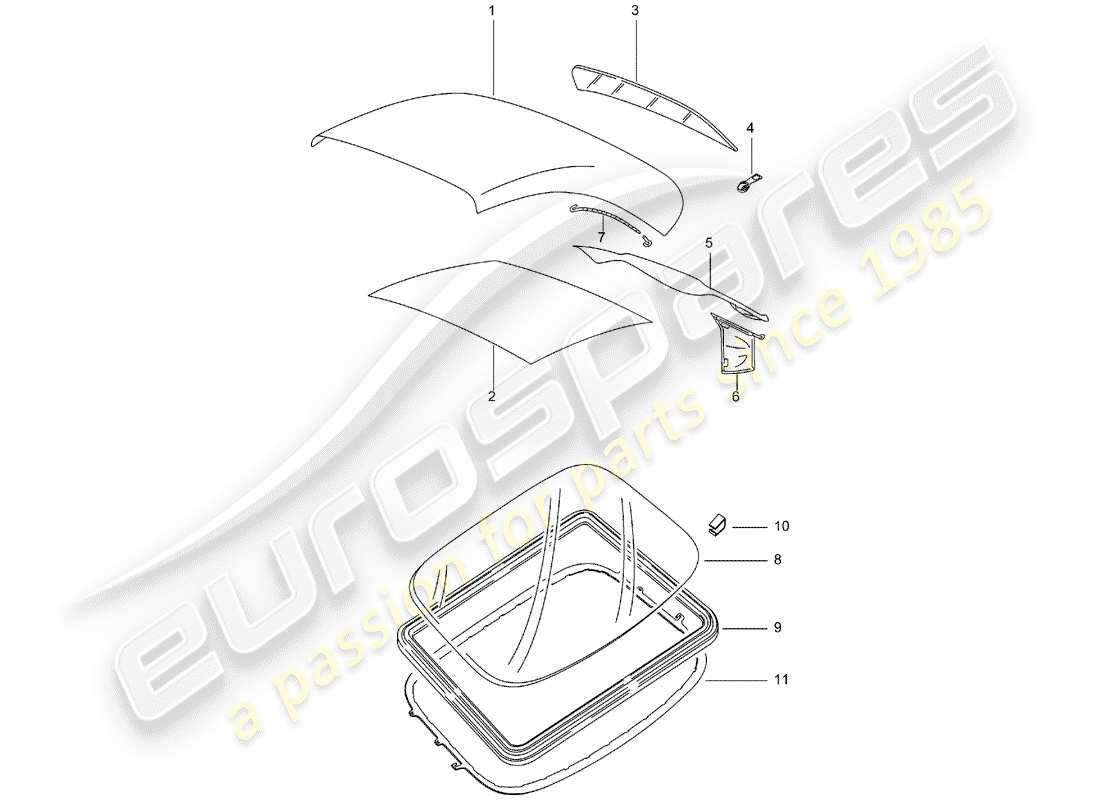 porsche 2004 (996) cubierta superior convertible - panel de adorno de techo diagrama de piezas