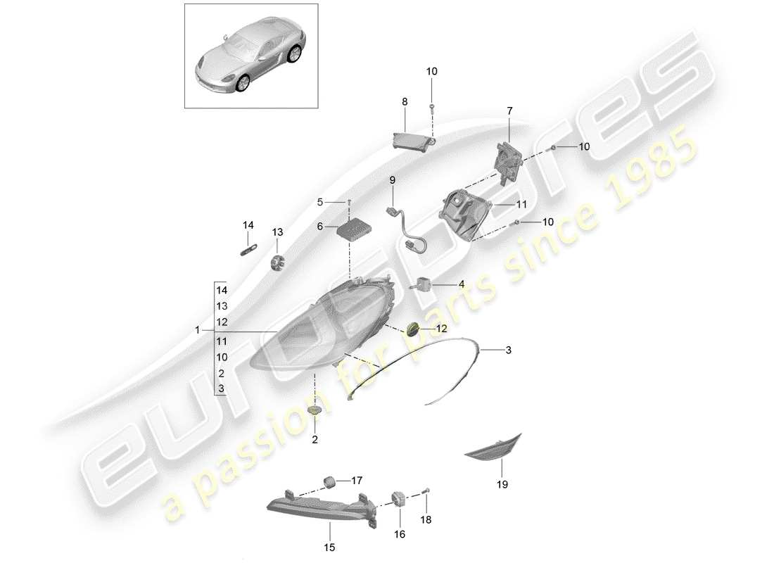 porsche 2020 (718 cayman) diagrama de piezas del faro