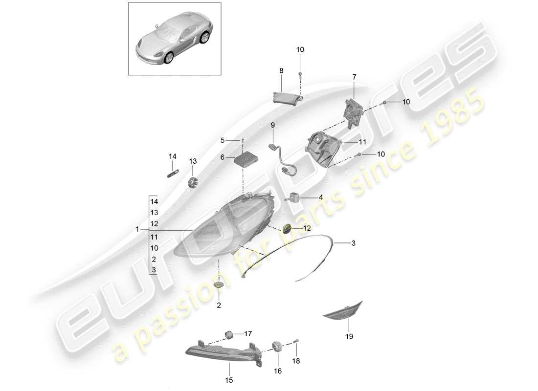 porsche 718 cayman (2020) diagrama de piezas del faro