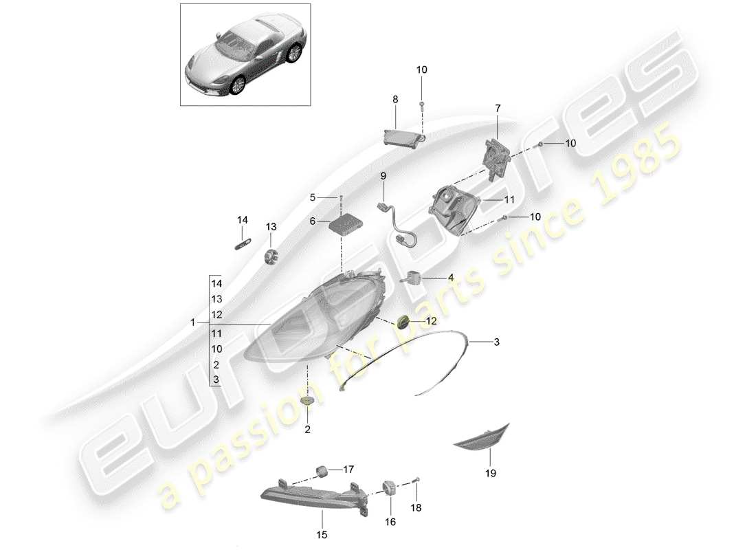 porsche 2020 (718 boxster) lámpara de cabeza diagrama de piezas