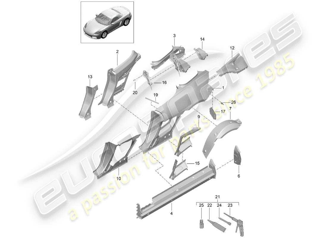porsche 2020 (718 boxster) diagrama de piezas del panel lateral