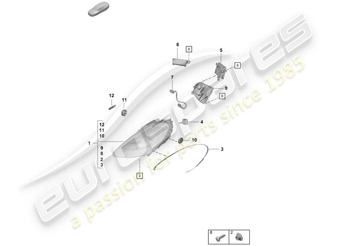 porsche 2020 (718 boxster spyder) lámpara de cabeza diagrama de piezas