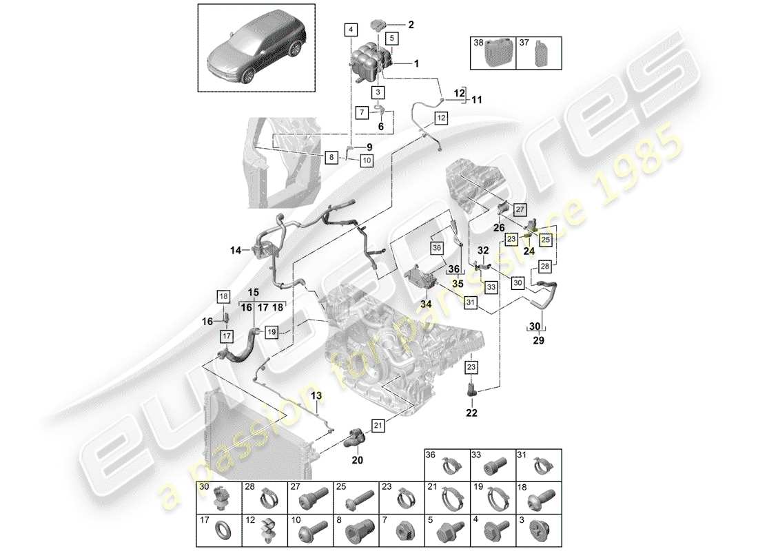 porsche 2020 (cayenne e3 9ya/9yb) diagrama de piezas de refrigeración por agua