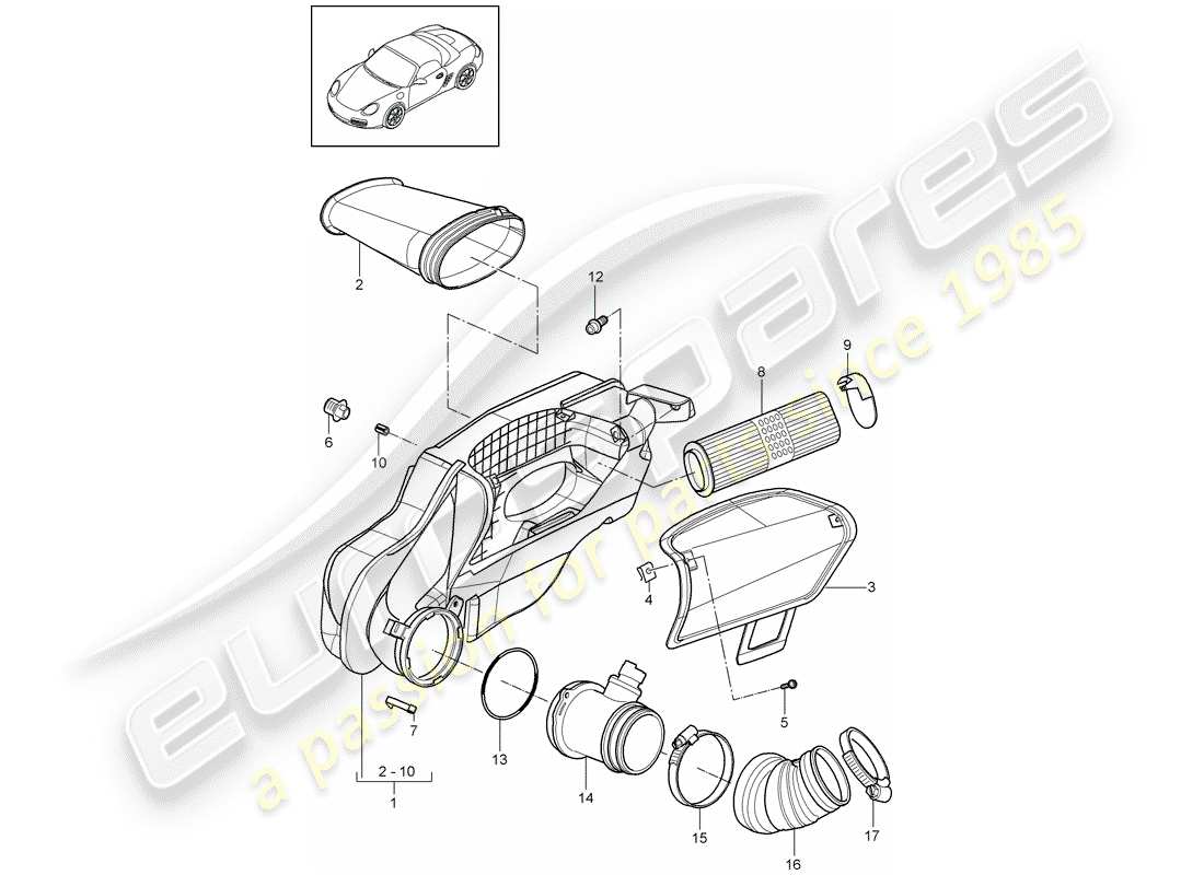 porsche 2012 (987 boxster) diagrama de piezas del limpiador de aire