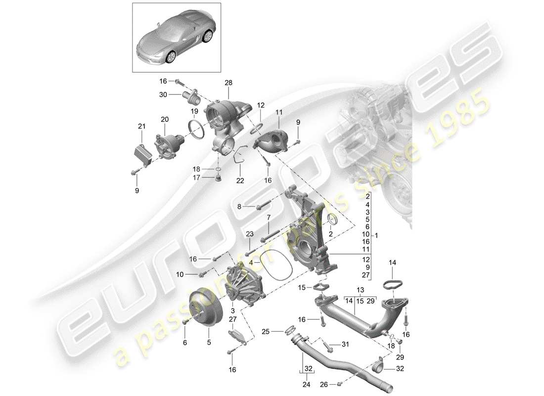 porsche 2016 (981 boxster spyder) diagrama de piezas de la bomba de agua