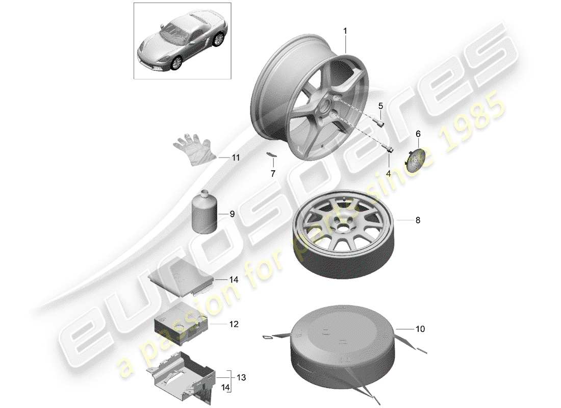 porsche 2020 (718 boxster) diagrama de piezas de la rueda de aleación
