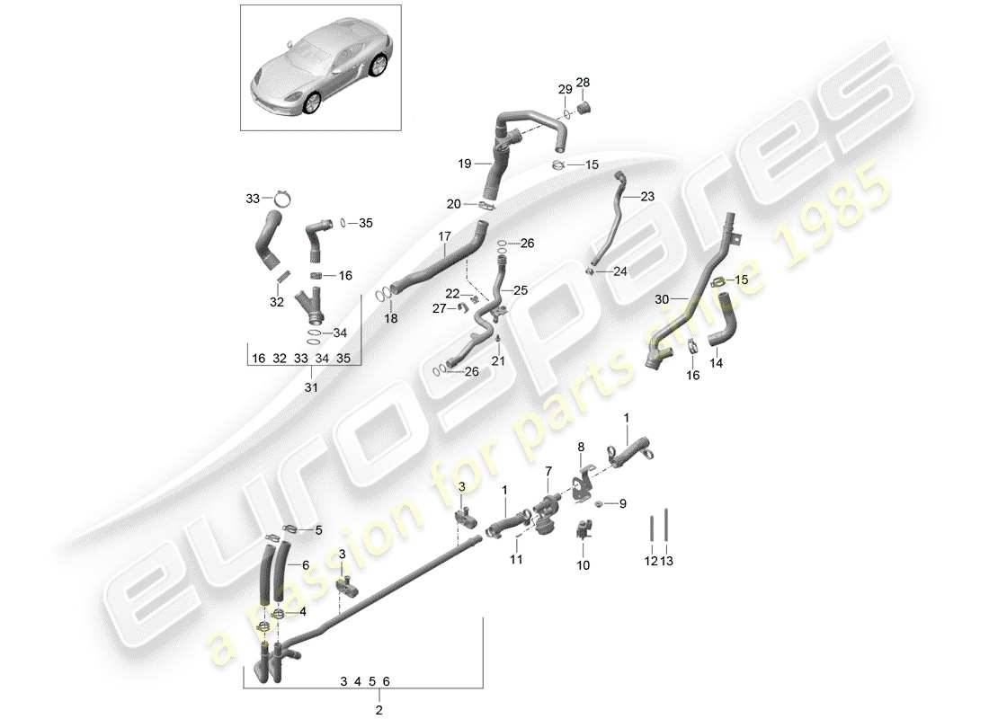 porsche 2017 (718 cayman) diagrama de piezas de refrigeración por agua