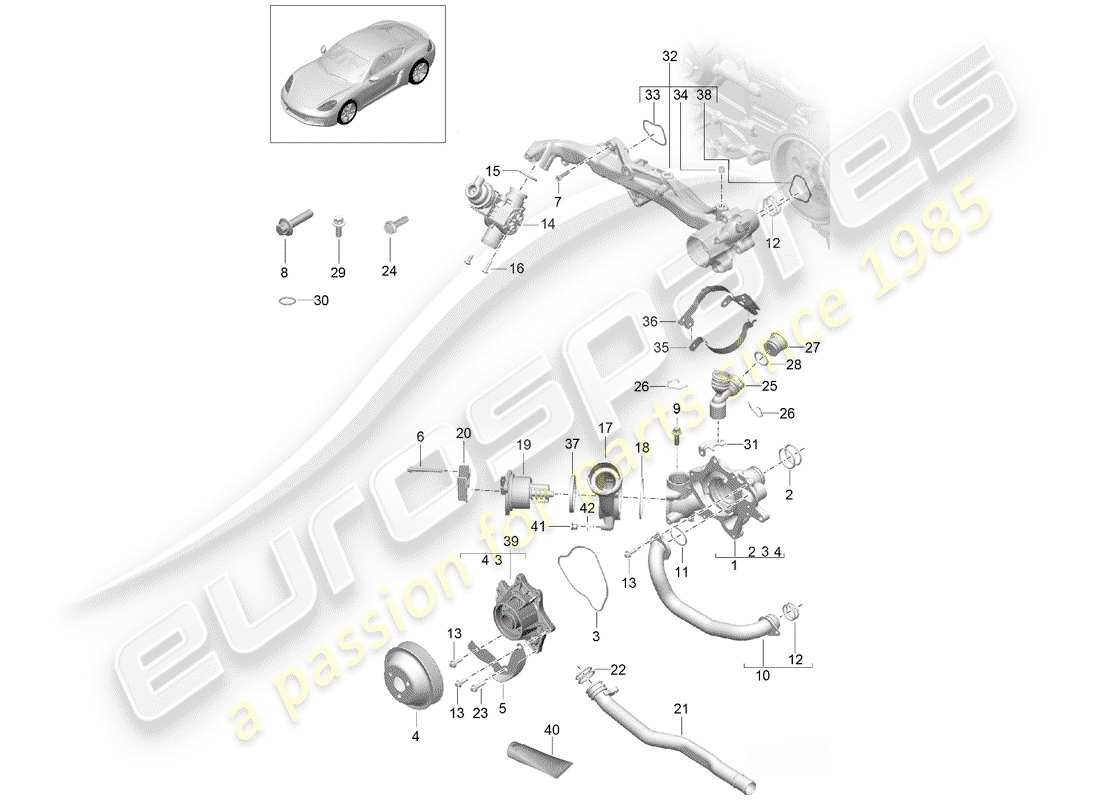 porsche 2017 (718 cayman) diagrama de piezas de refrigeración por agua