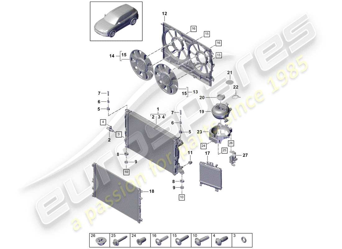 porsche 2020 (cayenne e3 9ya/9yb) diagrama de piezas de refrigeración por agua