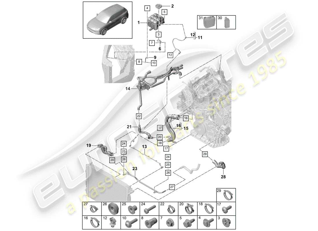 porsche 2020 (cayenne e3 9ya/9yb) diagrama de piezas de refrigeración por agua