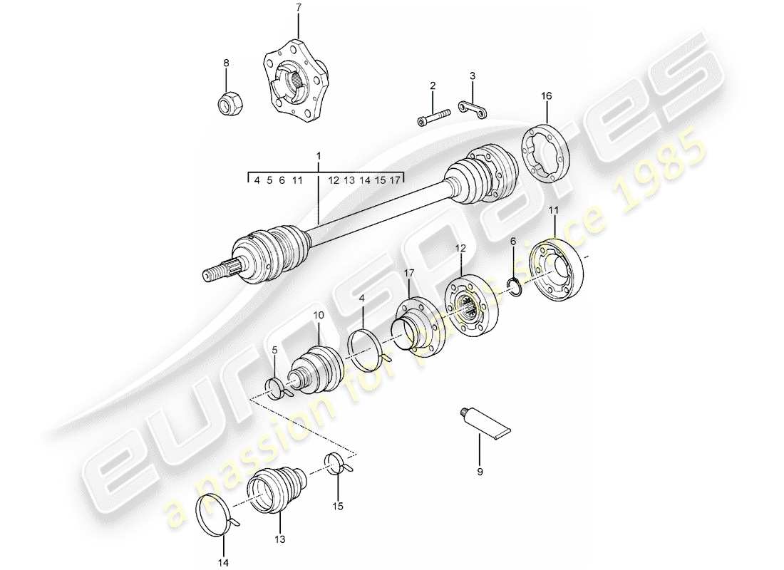 porsche 2001 (996 turbo / gt2) eje de transmisión - diagrama de piezas del cubo de la rueda