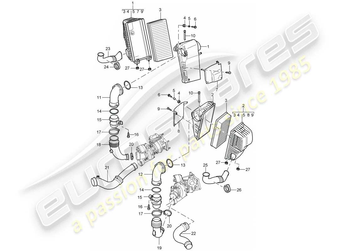 porsche 2006 (cayenne e1 9pa) filtro de aire con conexión diagrama de piezas