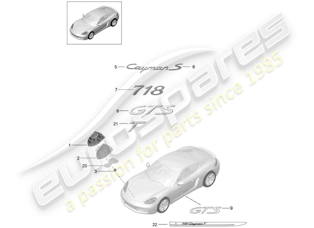 porsche 2020 (718 cayman) molduras diagrama de piezas