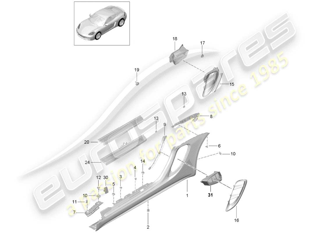 porsche 2020 (718 cayman) diagrama de piezas del guarnecido de los miembros laterales