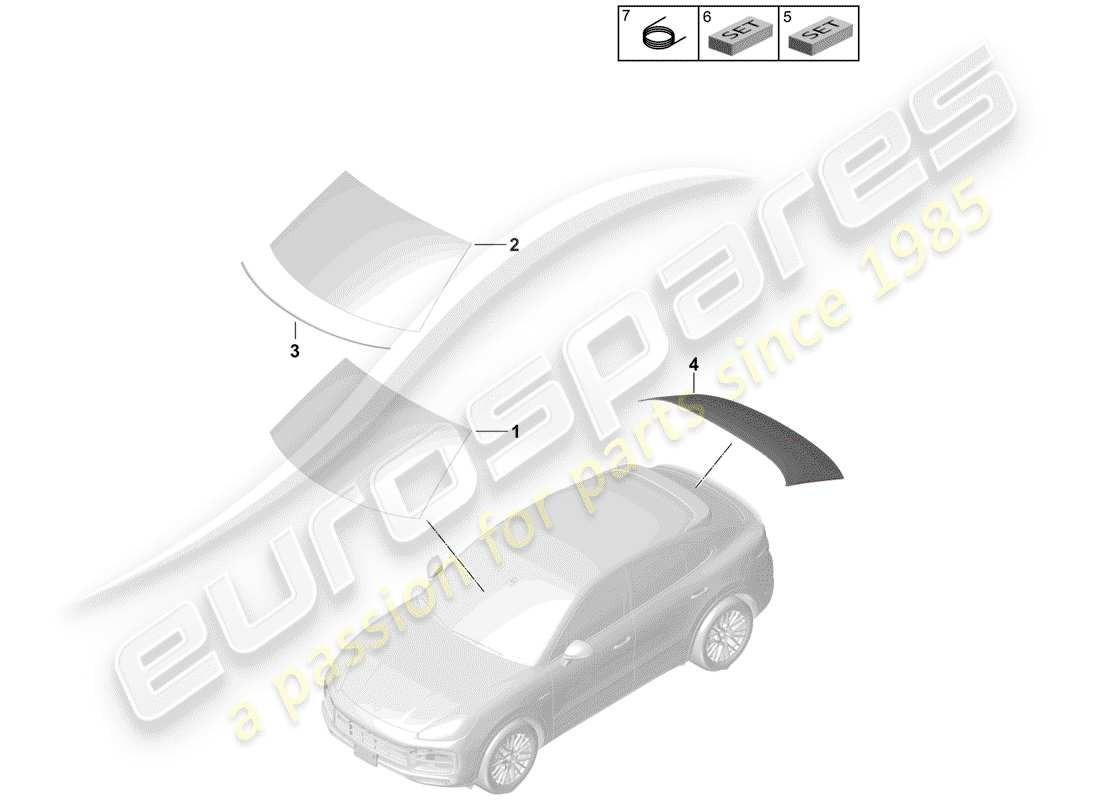 porsche 2020 (cayenne e3 9ya/9yb) diagrama de piezas del vidrio del parabrisas