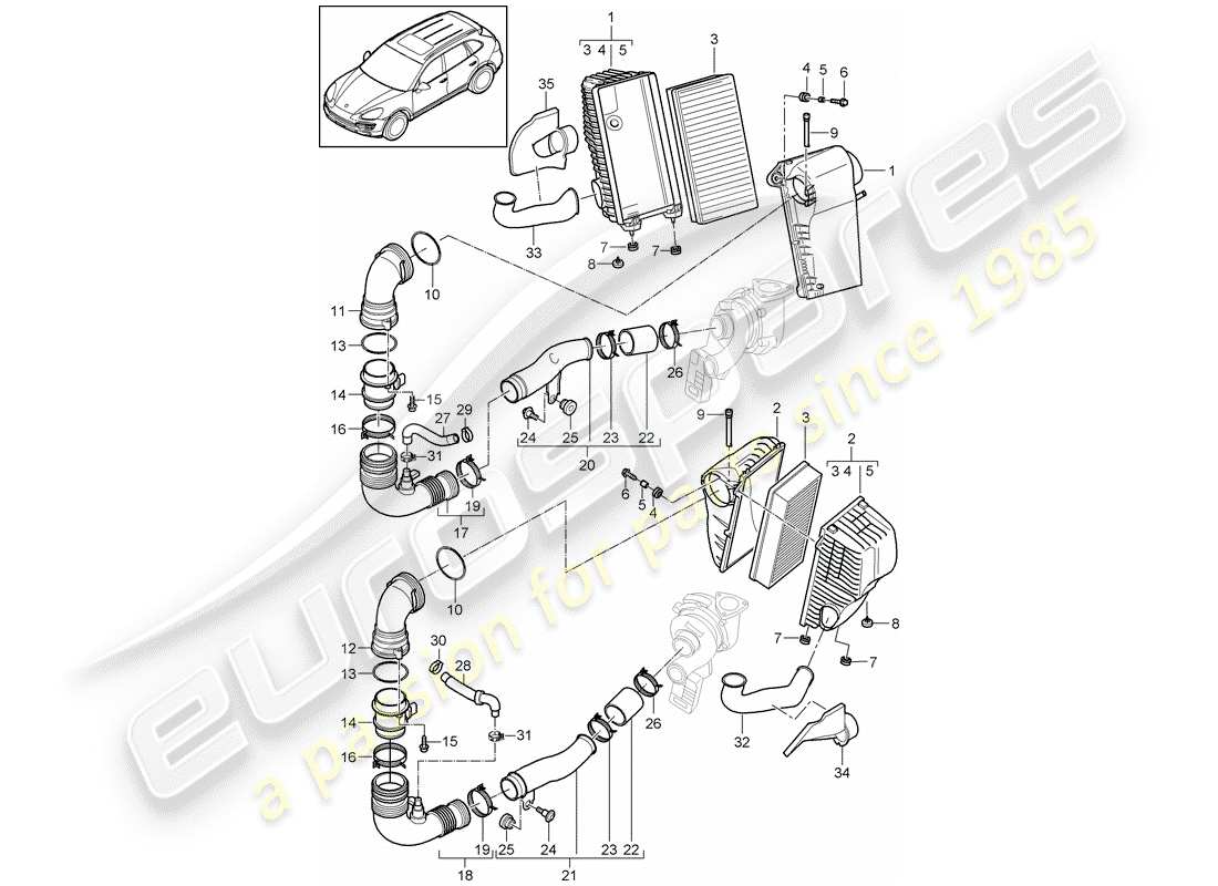 porsche 2011 (cayenne e2 92a) filtro de aire con conexión diagrama de piezas