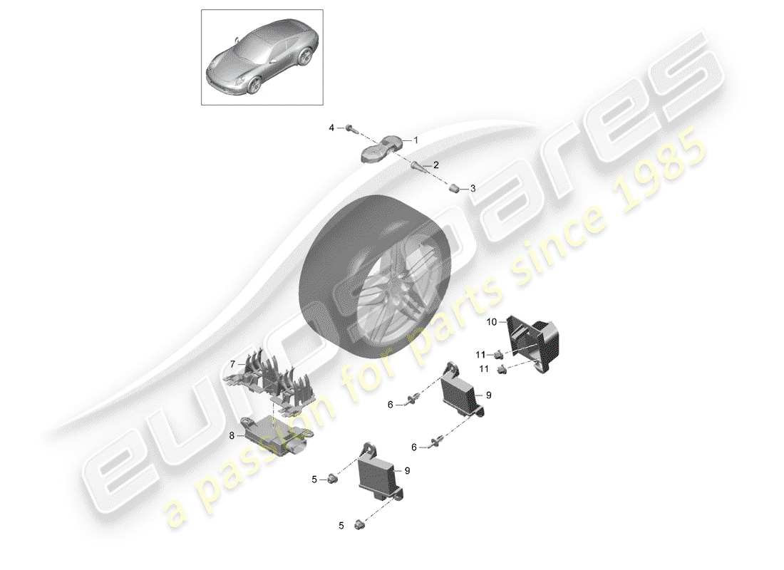 porsche 2014 (991-1) sistema de control de presión de neumáticos diagrama de piezas