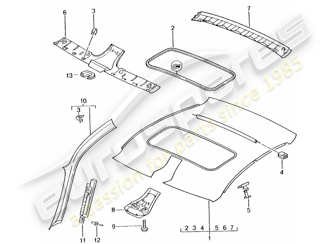 porsche 2002 (996 turbo / gt2) diagrama de piezas del panel de acabado del techo