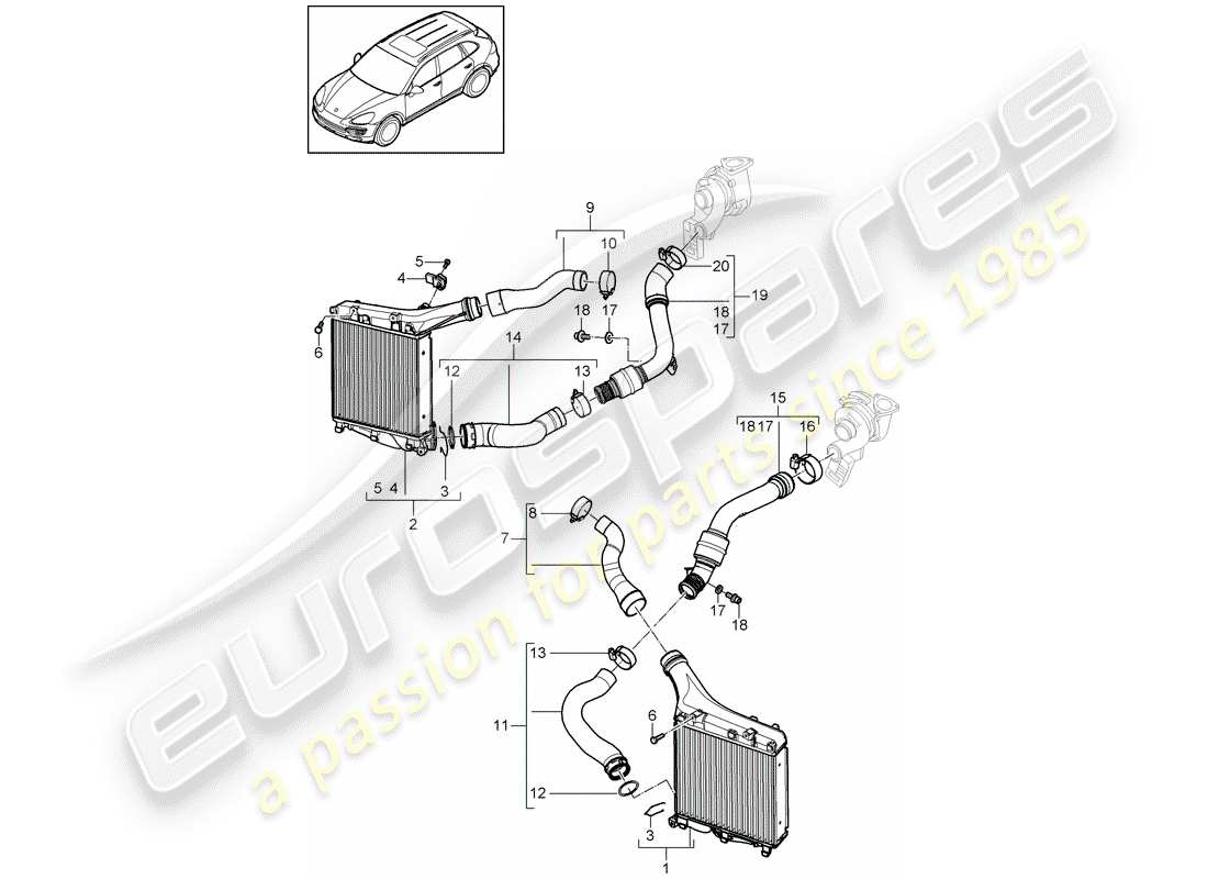 porsche 2016 (cayenne e2 92a) diagrama de piezas del enfriador de aire de carga