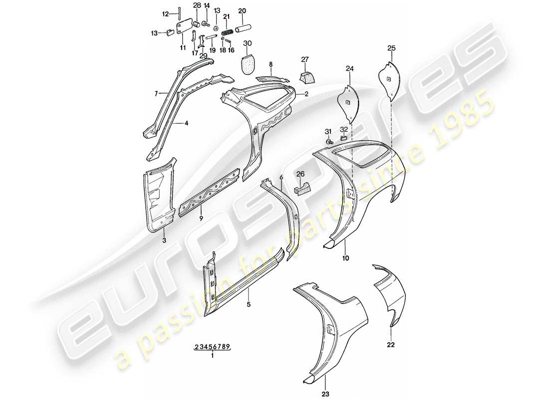 porsche 1978 (928) marco - panel lateral diagrama de piezas