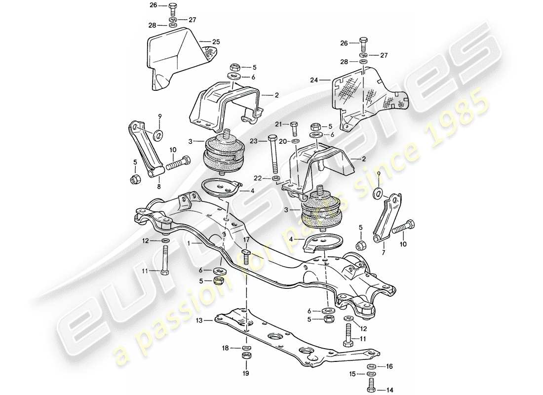 porsche 928 (1989) diagrama de piezas de suspensión del motor