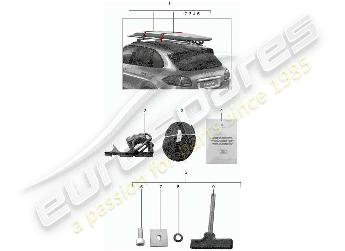 porsche 2016 (tequipment cayenne) diagrama de piezas del portador de tablas de surf