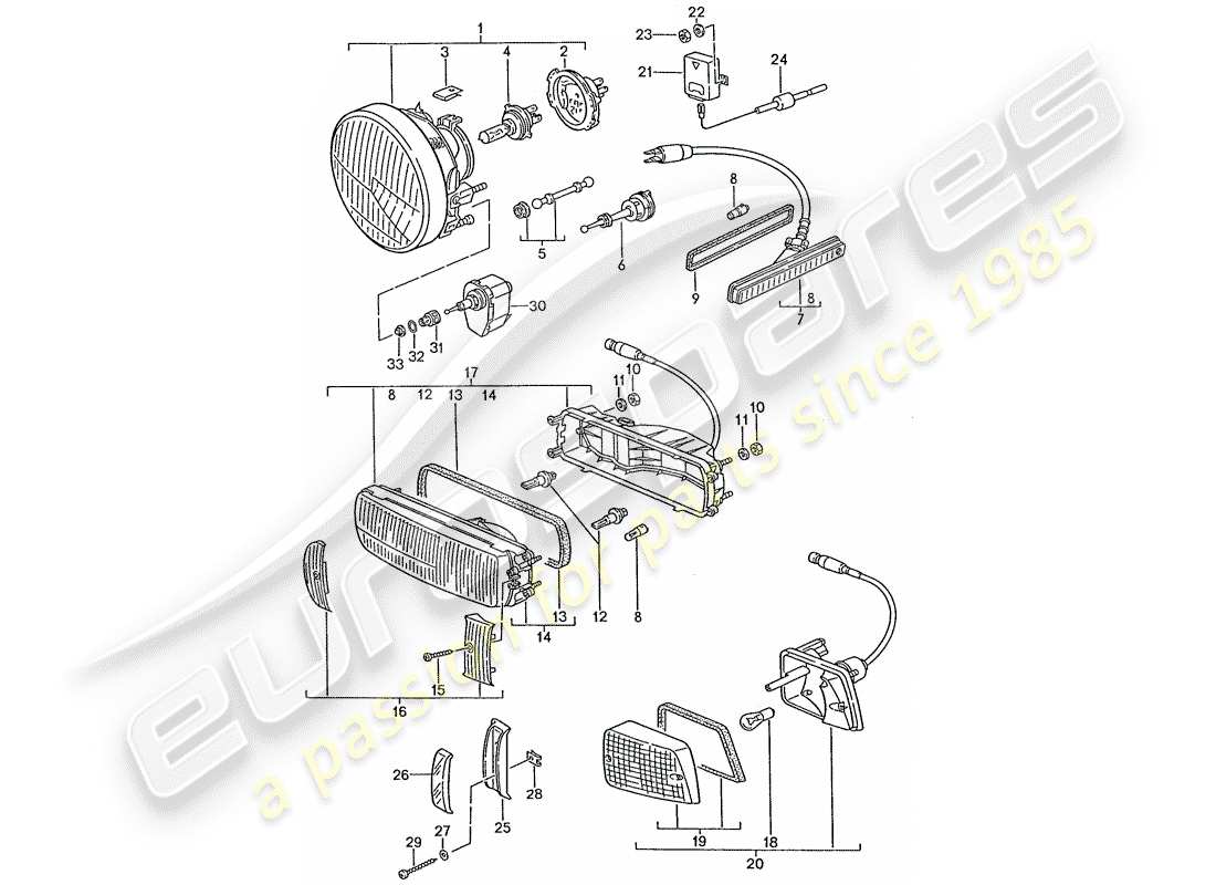 porsche 1990 (928) faro delantero - señal de giro diagrama de piezas