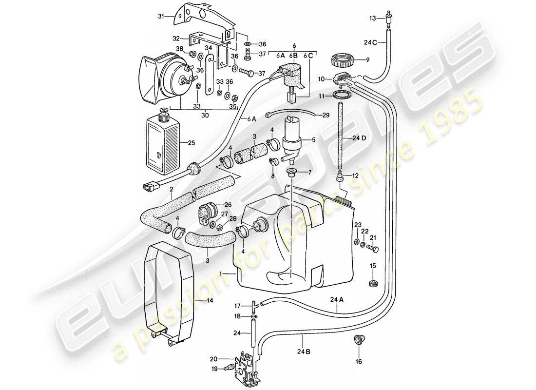 porsche 1987 (911) modelo especial - diseño de punta plana - unidad arandela - bocina diagrama de piezas