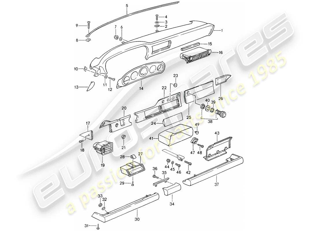 porsche 1994 (993) salpicadero - embellecedor de rodilleras - para coches sin - airbag - (lado del pasajero) esquema de piezas