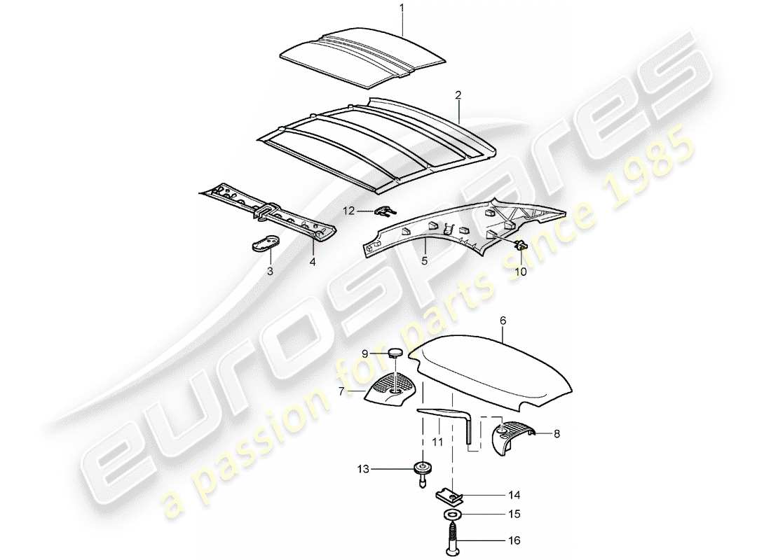porsche 2002 (996 turbo / gt2) techo rígido - absorbedor de sonido diagrama de piezas
