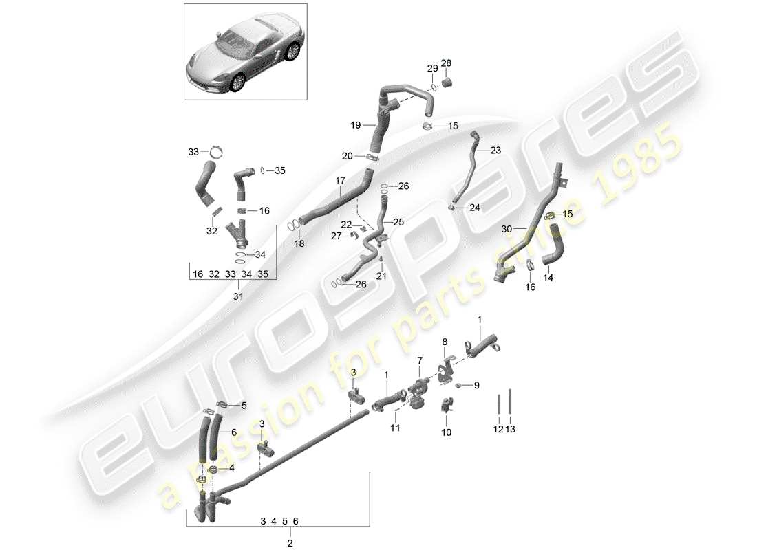 porsche 2017 (718 boxster) diagrama de piezas de refrigeración por agua