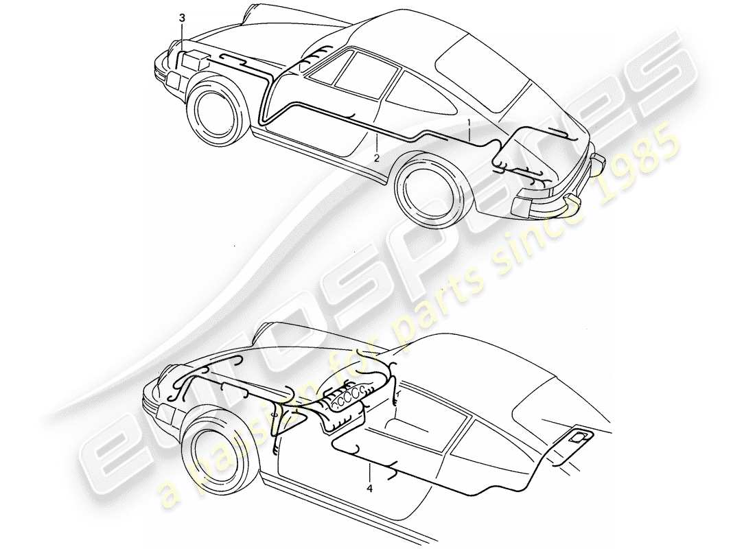 porsche 1987 (911) mazo de cables - habitáculo - bateria de arranque - piso del maletero esquema de piezas