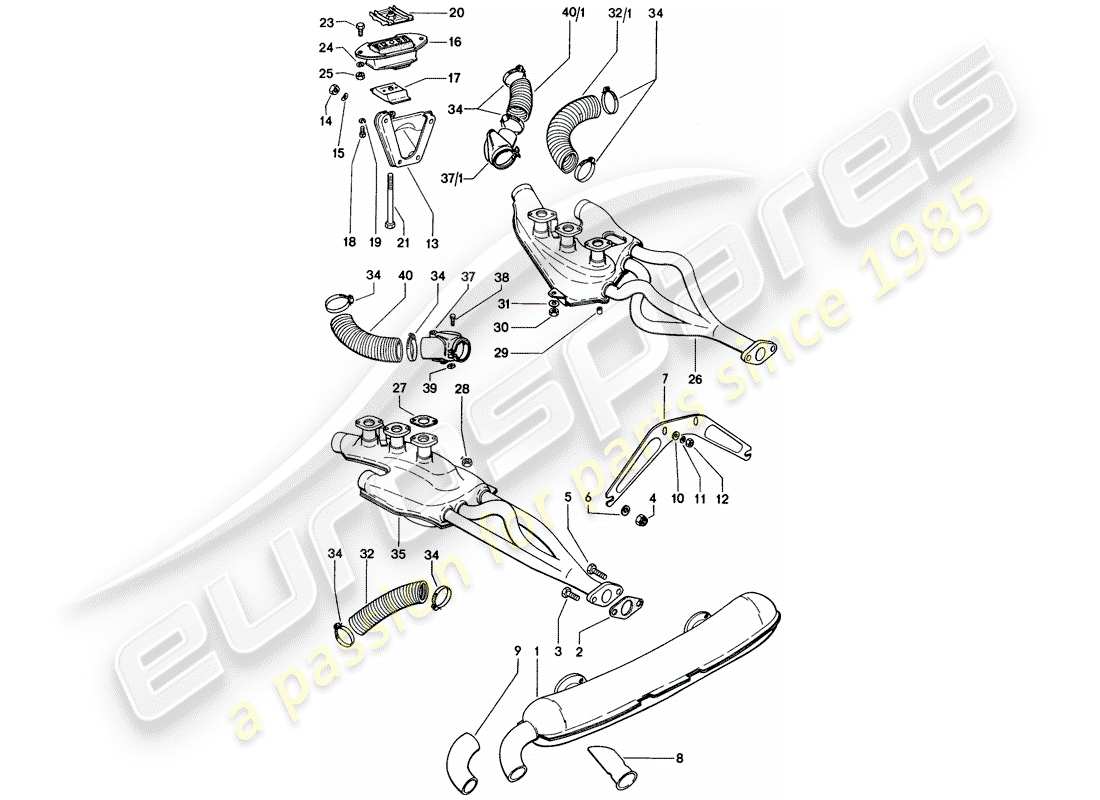 porsche 1972 (914) sistema de escape - suministro de aire de calefacción - suspensión del motor diagrama de piezas