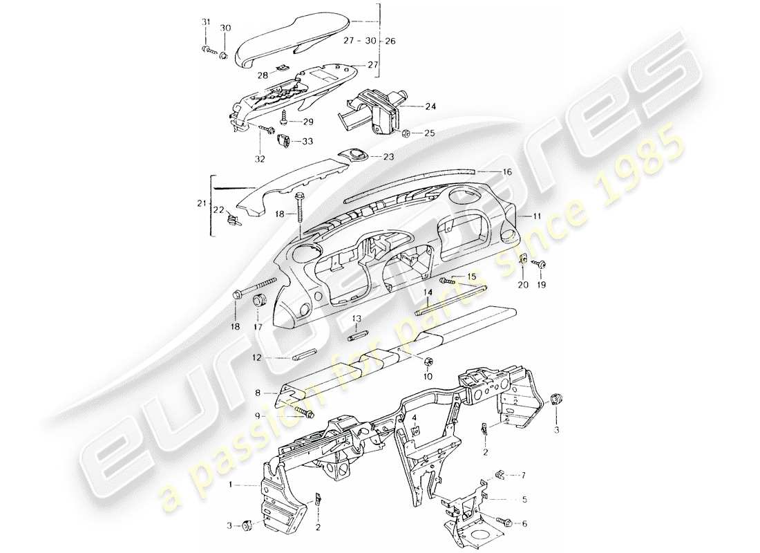 porsche 2003 (986 boxster) acabado del panel de tablero - con: - marco de retención diagrama de piezas