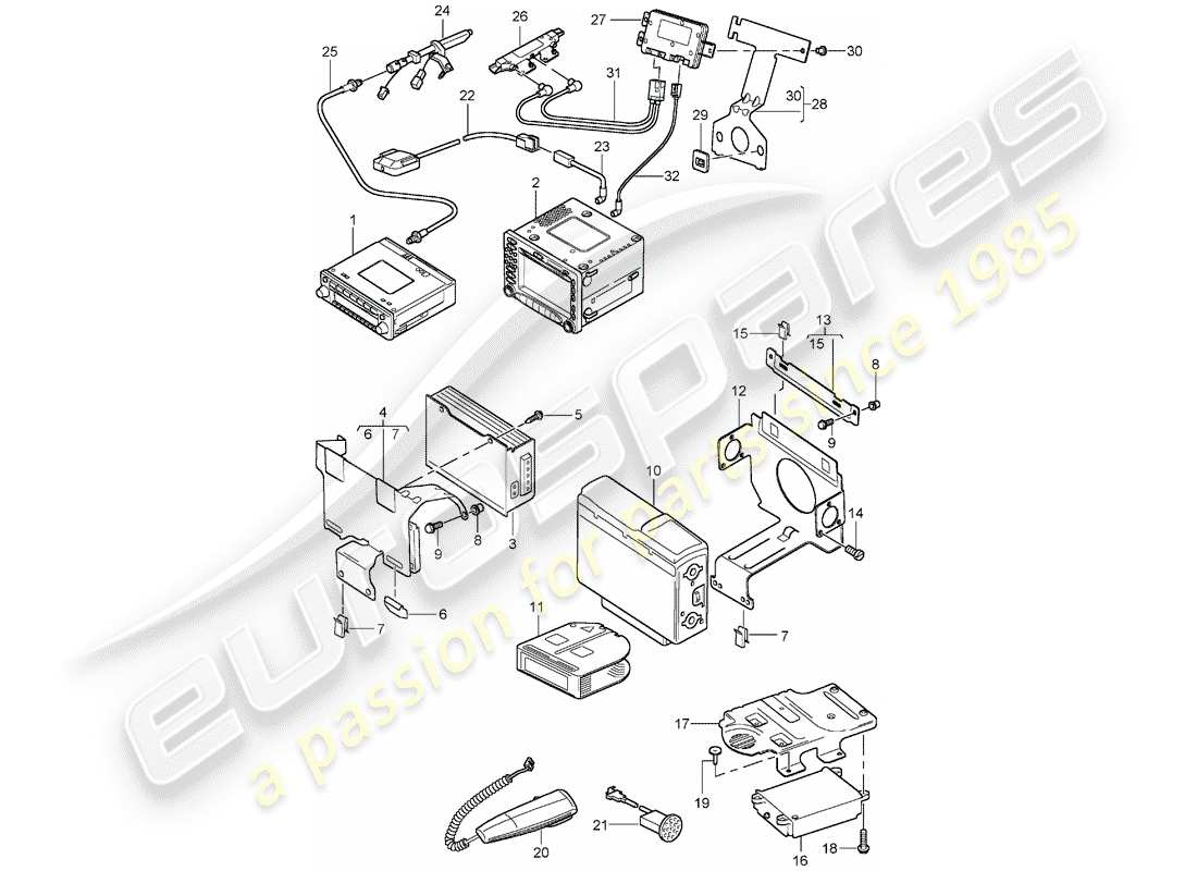 porsche 1997 (986 boxster) unidad de radio - amplificador - sistema de navegación - teléfono - d - mj 2003>> diagrama de partes