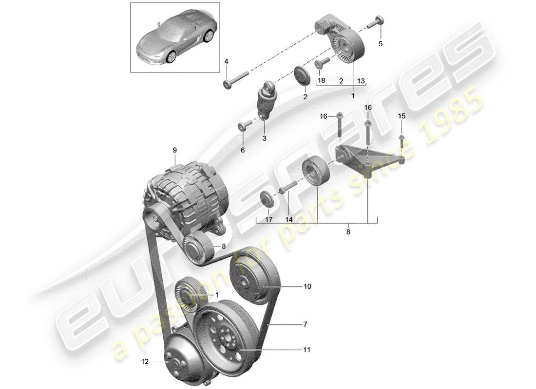porsche 2016 (981 boxster spyder) diagrama de pieza del tensor de correa