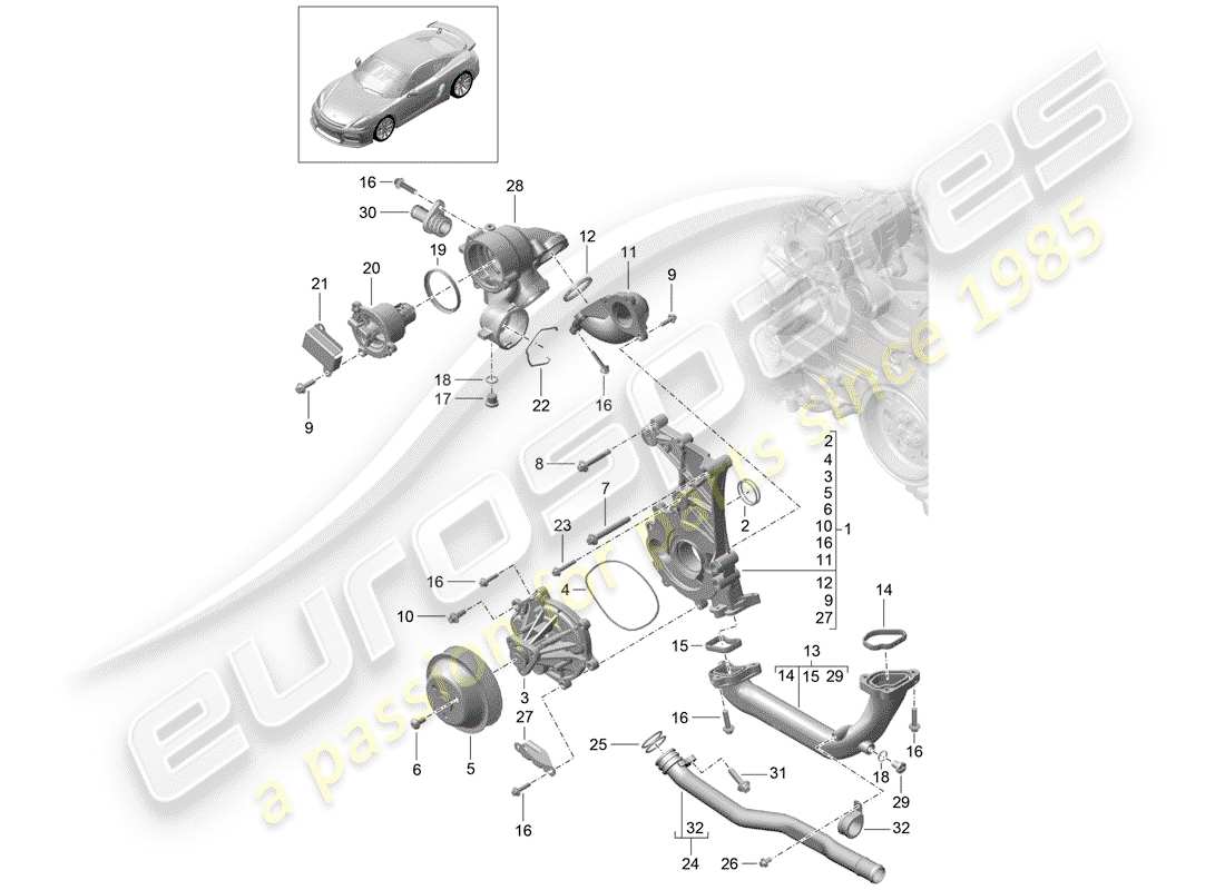 porsche 2016 (981 cayman gt4) bomba de agua diagrama de piezas