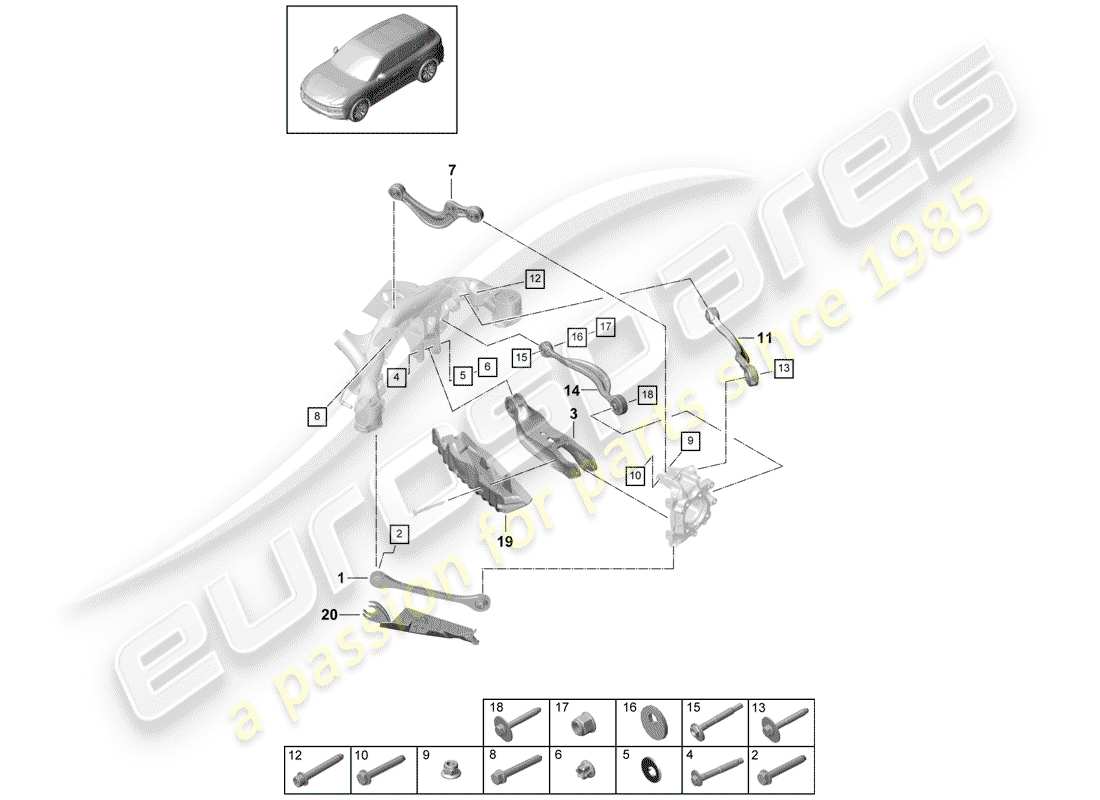 porsche 2020 (cayenne e3 9ya/9yb) diagrama de piezas del brazo control de pista